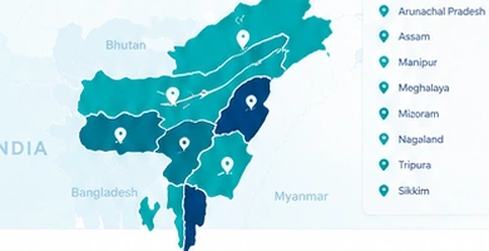 Map of 8 North-East States showing Arunachal, Assam, Manipur, Meghalaya, Mizoram, Nagaland, Tripura, Sikkim